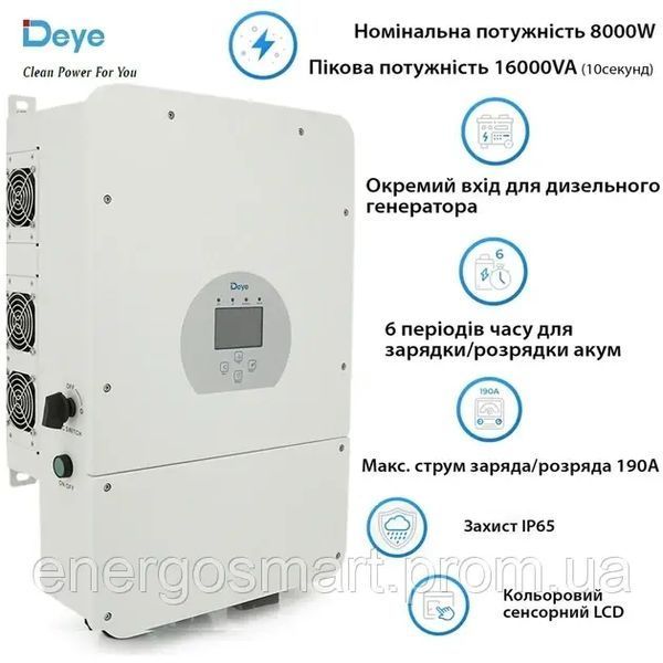 Deye 8 кВт,1 фаза, 48 В, гібрідний інвертор, безперебійник, UPS, ДБЖ (SUN-8K-SG01LP1-EU) Deye 8 кВт фото