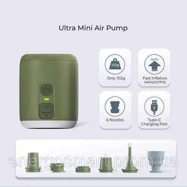 Міні насос для матрасів, килимків 4в1 Energolux Nano Pump 3 туристичний, портативний на магніті з ліхтарем 180л/хв на 1600 мАг Energolux Nano Pump 2.1 фото