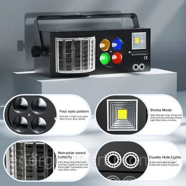 Energolux DJ-726 LED, 4v1, повноцінна RGBW, стробоскоп, cвітломузика з пультом, лазерний диско проектор 360&deg; з рухливим ефектом, DJ-726 фото
