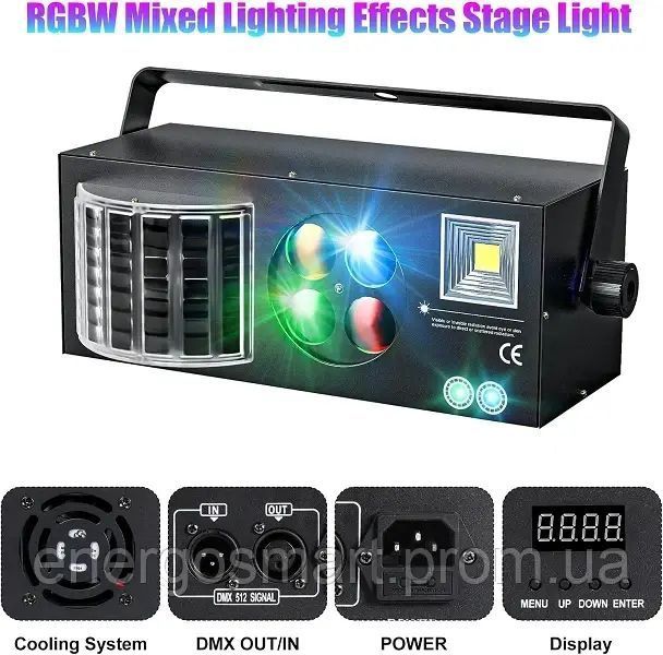 Energolux DJ-726 LED, 4v1, повноцінна RGBW, стробоскоп, cвітломузика з пультом, лазерний диско проектор 360&deg; з рухливим ефектом, DJ-726 фото