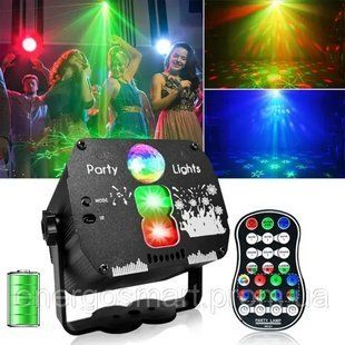 Energolux QR-425 LED RGB+Laser RG, з акумулятором 4000 мАг, cвітломузика з пультом, лазерний диско проектор 360&deg; з рухливим ефектом, активація під ритм музики QR-425 фото
