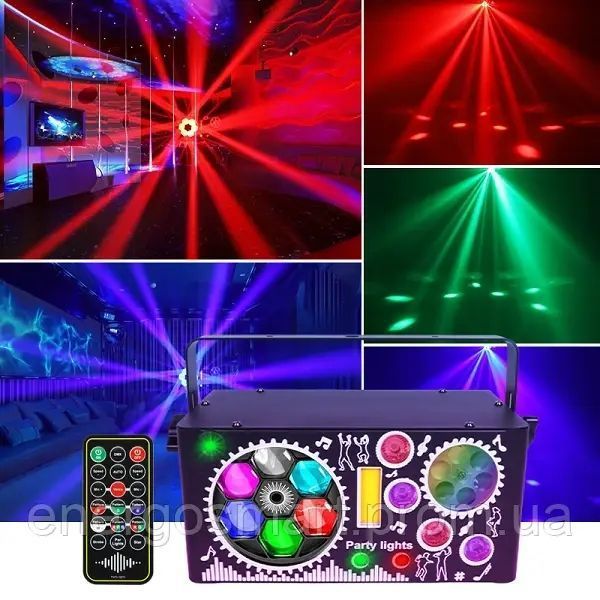 Energolux DJ-599 LED, 7v1, повноцінна RGBW, стробоскоп, cвітломузика з пультом, лазерний диско проектор 360&deg; з рухливим ефектом, DJ-599 фото