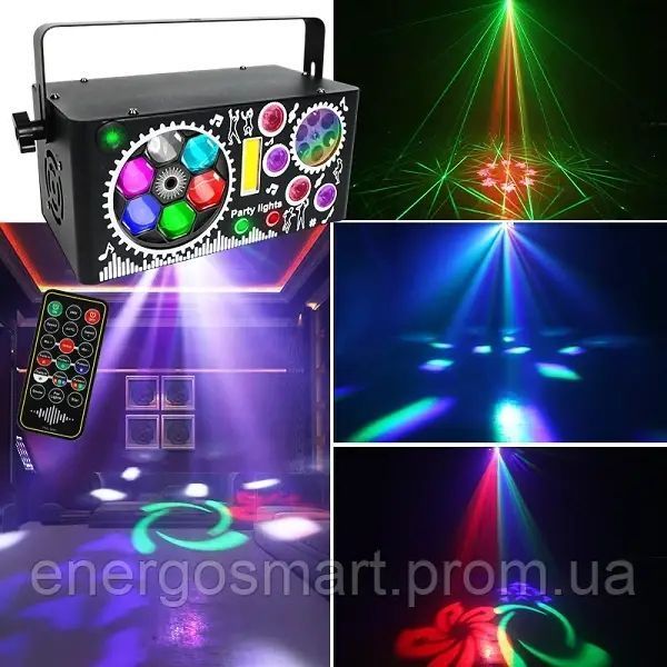 Energolux DJ-599 LED, 7v1, повноцінна RGBW, стробоскоп, cвітломузика з пультом, лазерний диско проектор 360&deg; з рухливим ефектом, DJ-599 фото